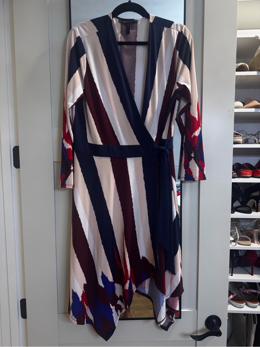 BCBGMaxAzria Striped Wrap Midi Dress in Cream, Navy and Burgundy